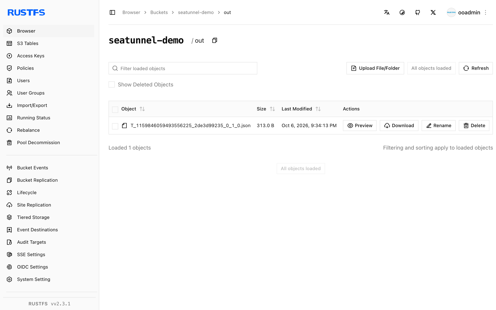SeaTunnel output files stored in the RustFS Console