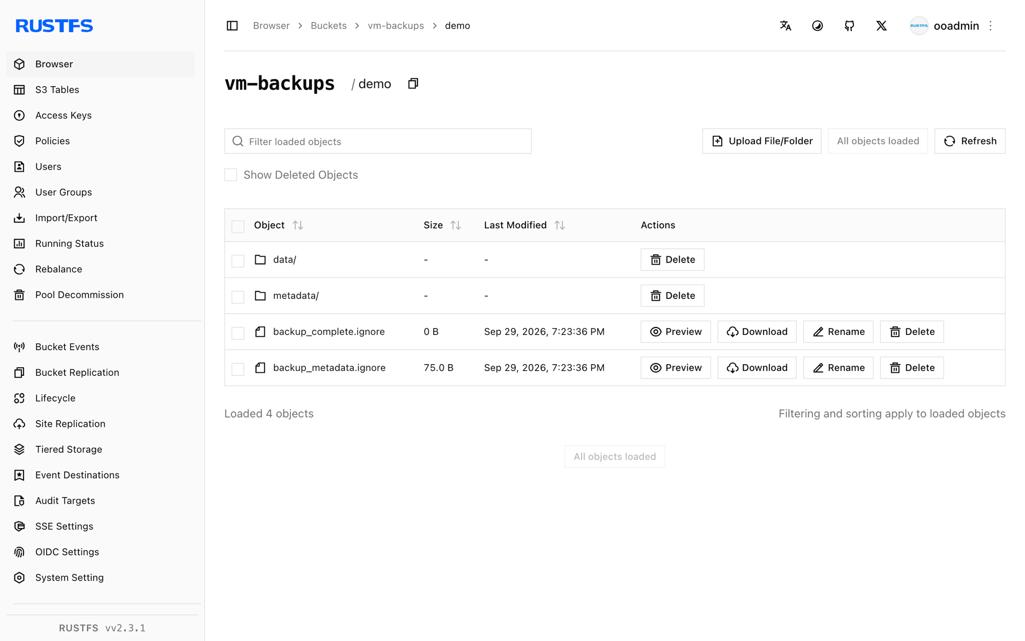 VictoriaMetrics backup stored in the RustFS Console